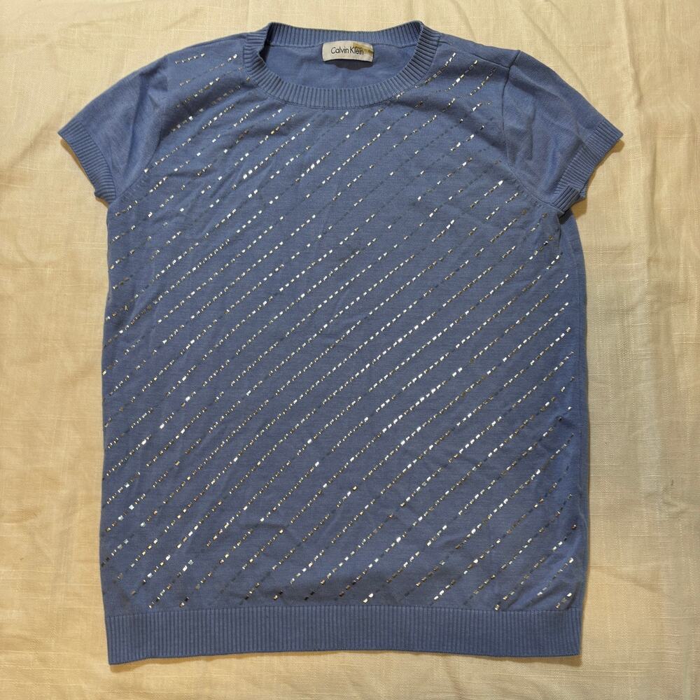 Calvin Klein Womens Blue Silk Blend Knit Top Metallic Studded Short Sleeve